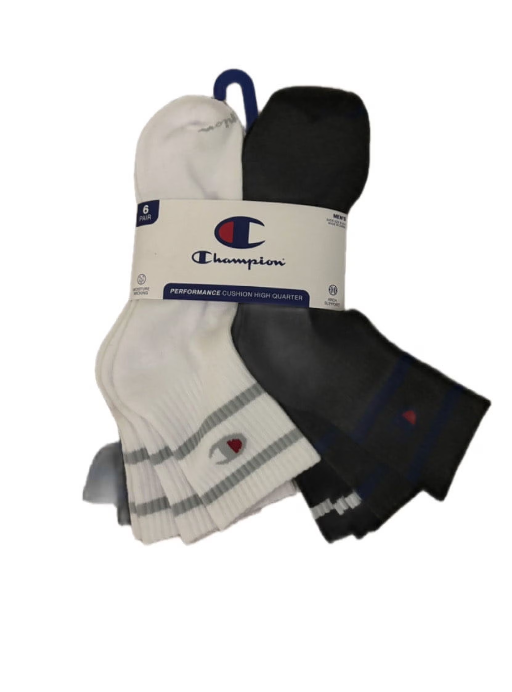 Champion Men'S Performance Cushion High Quarter Socks 6-12.5, 6 Pack, Black/White/Grey