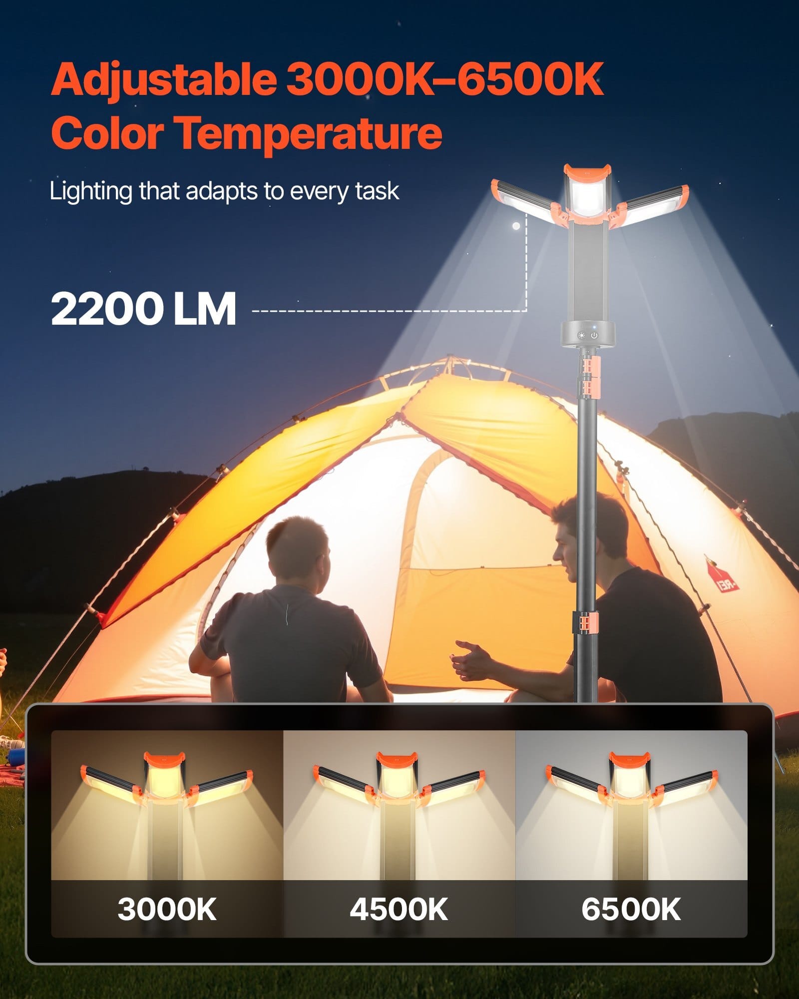 LED Work Light with Stand, 8Ah, Rechargeable Cordless Camping Light, with 3 Lamp Heads, Detachable Tripod Stand, 2200 Lumens 3000K-6500K Dimmable, Portable Construction Lighting for Job Site
