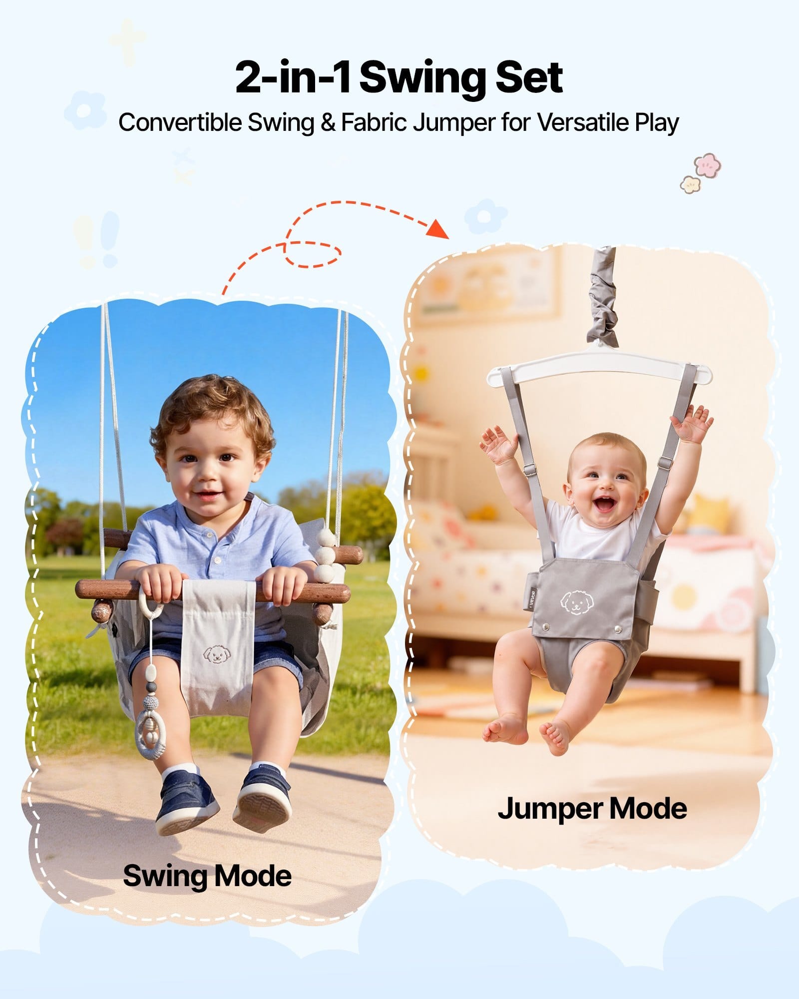 Toddler Swing and Jumper, 2 in 1 Swing Set and Bouncer, Soft Cushion with Foldable A-Frame Metal Stand, Heavy-Duty Thick Ropes, Easy to Install and Store, for Indoor or Outdoor Play, Gray