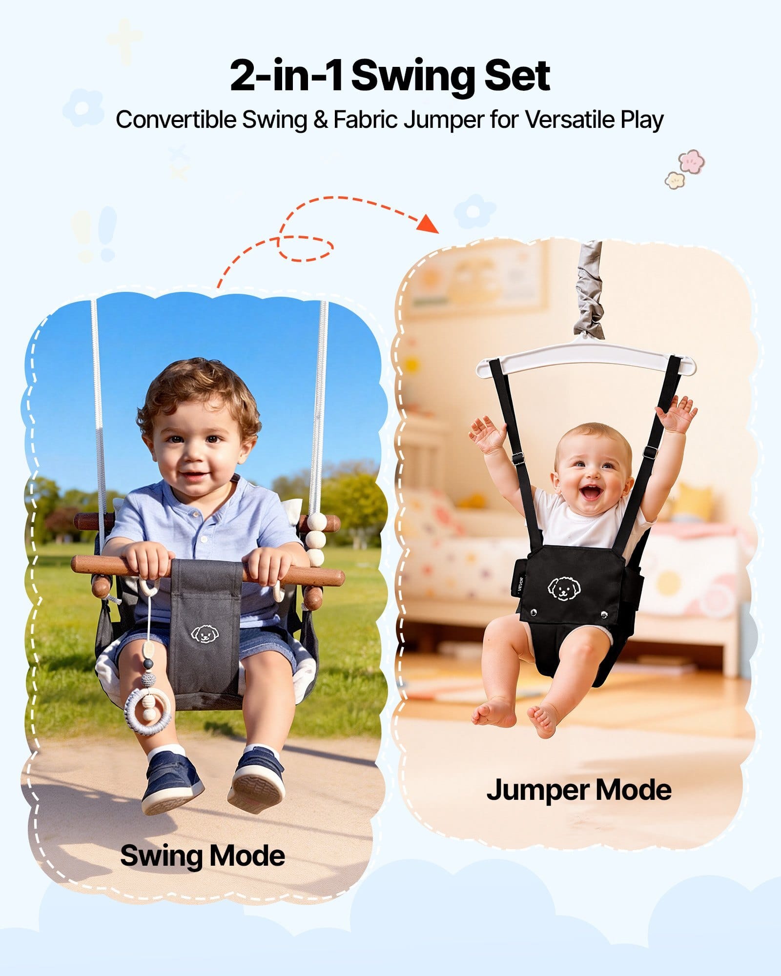 Toddler Swing and Jumper, 2 in 1 Swing Set and Bouncer, Soft Cushion with Foldable A-Frame Metal Stand, Heavy-Duty Thick Ropes, Easy to Install and Store, for Indoor or Outdoor Play, Black
