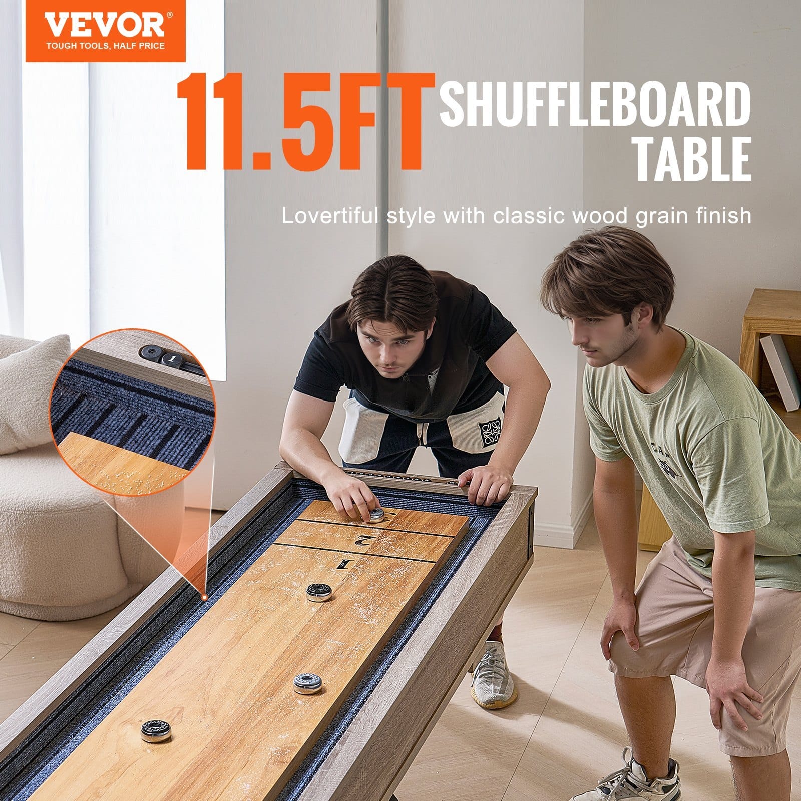 Shuffleboard Table, 11.5 ft Shuffleboard for Family Game Rooms, 2 in 1 Shuffleboard and Bowling Combo Game Set, with Scratch-Resistant Playfield, Legs, 8 Pucks, Bowling Set, Wax, and Table Brush