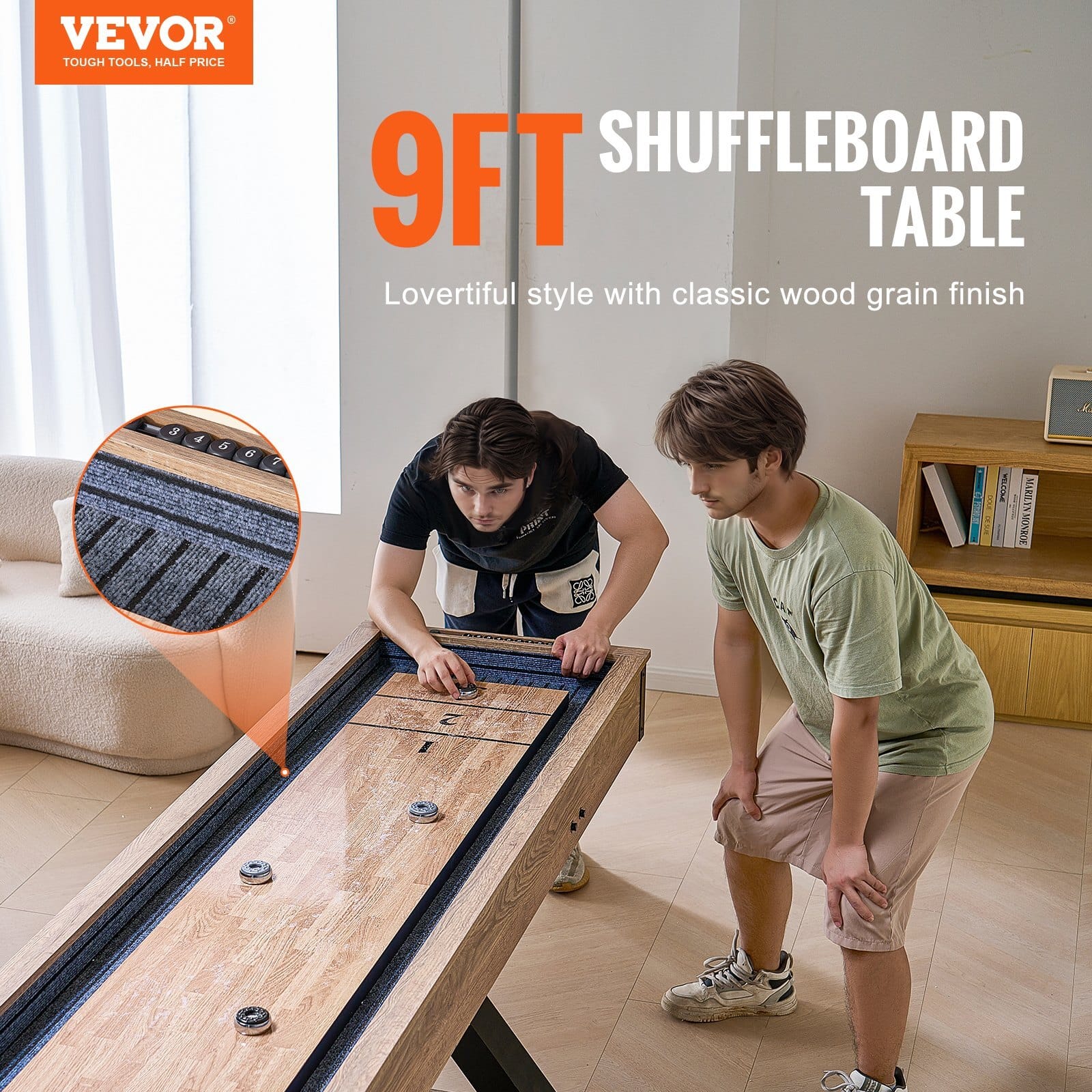 Shuffleboard Table, 9 ft Shuffleboard for Family Game Rooms, 2 in 1 Shuffleboard and Bowling Combo Game Set, with Scratch-Resistant Playfield, Legs, 8 Pucks, Bowling Set, Wax, and Table Brush