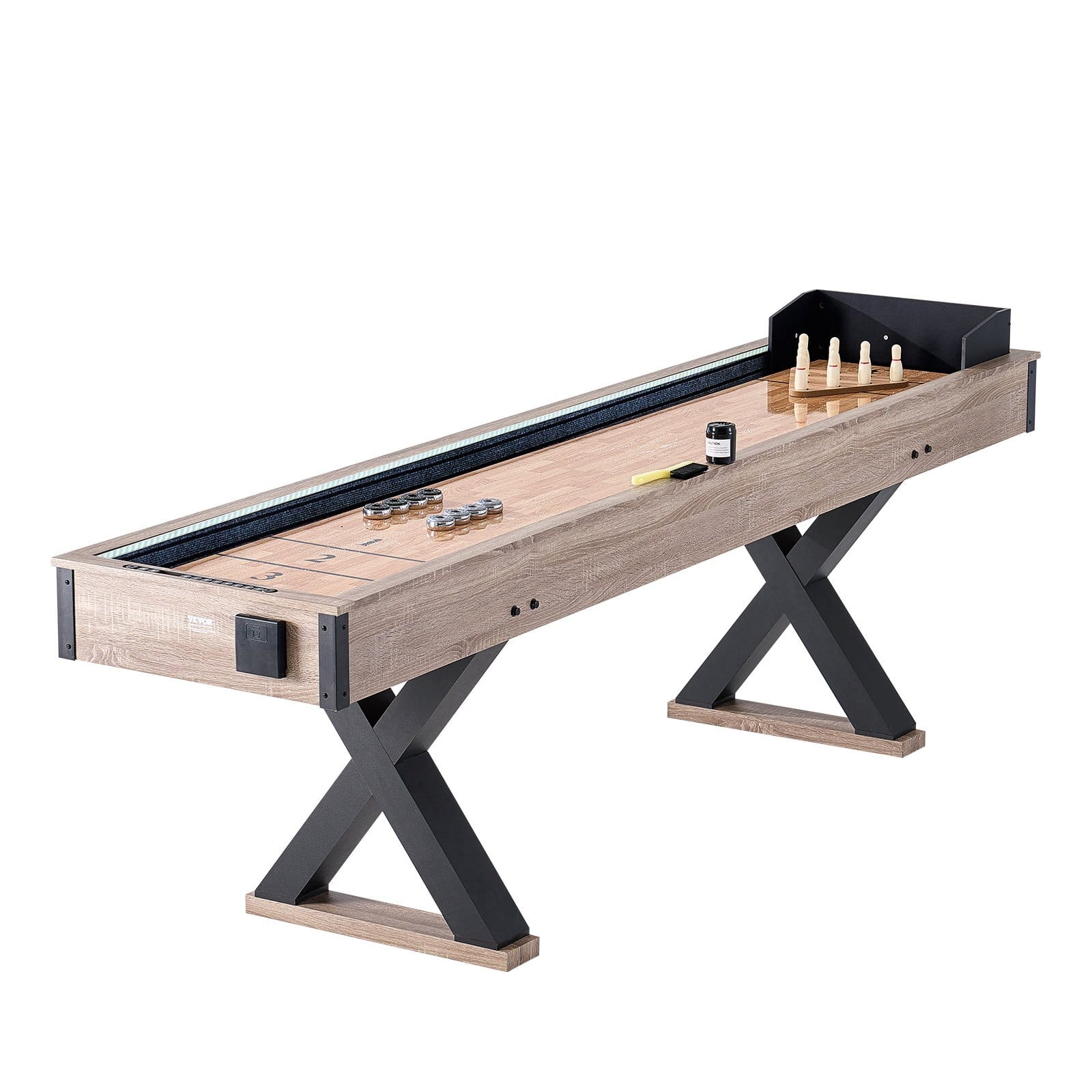 Shuffleboard Table, 9 ft LED Light Up Shuffleboard for Family Game Room, 2 in 1 Shuffleboard and Bowling Combo Game Set, with Scratch-Resistant Playfield, Legs, 8 Pucks, Bowling Set, Wax, Brush